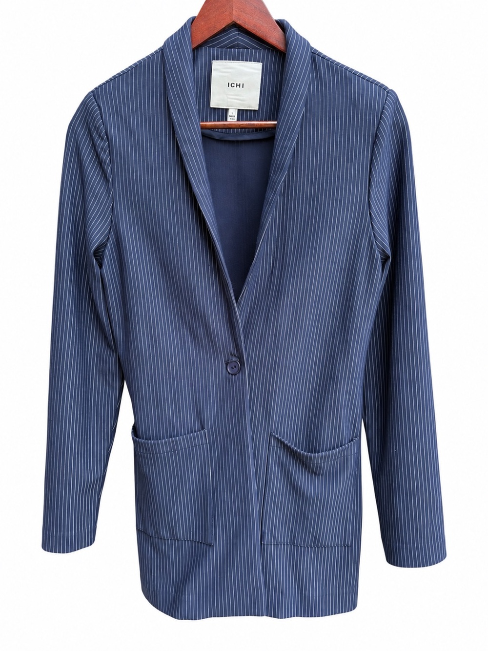 ICHI one button long blazer jacket with pockets women's size S striped blue - Picture 5 of 6